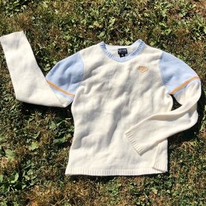 Vintage-Inspired Cream & Light Blue Sweater with Gold Stitching